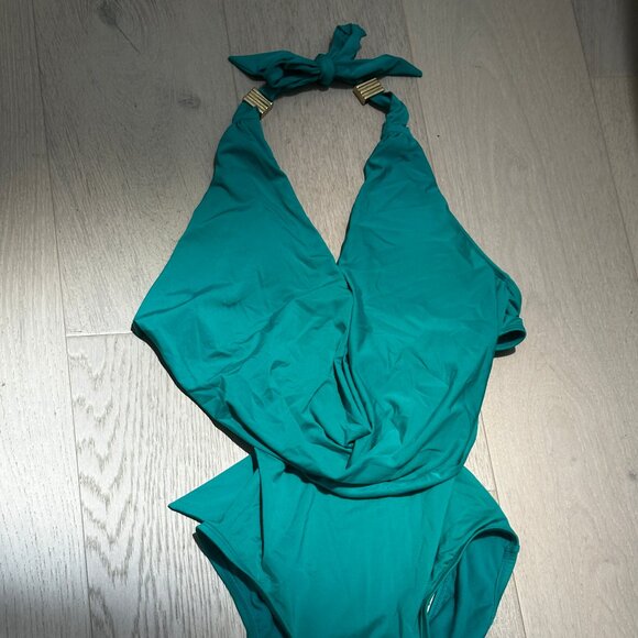 Bar III Turquoise One-Piece Monokini Swimsuit M Cowl Neck Cutout Gold Hardware - Picture 10 of 14